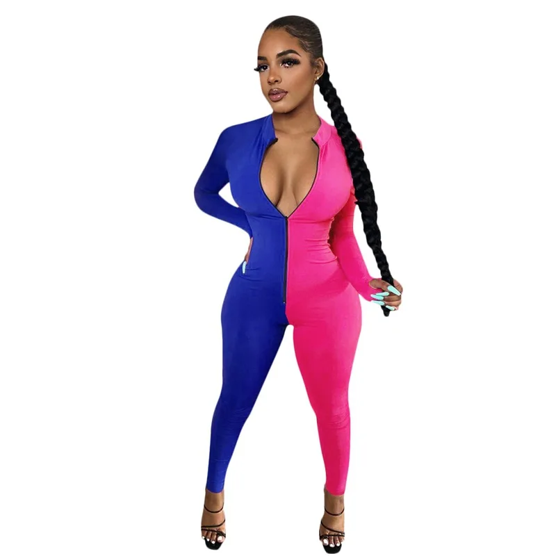 

Adogirl 2020 Fall New Color Patchwork Women Jumpsuit Long Sleeve Zipper Finger Cover Romper Casual Fitness Sporty Bodysuit