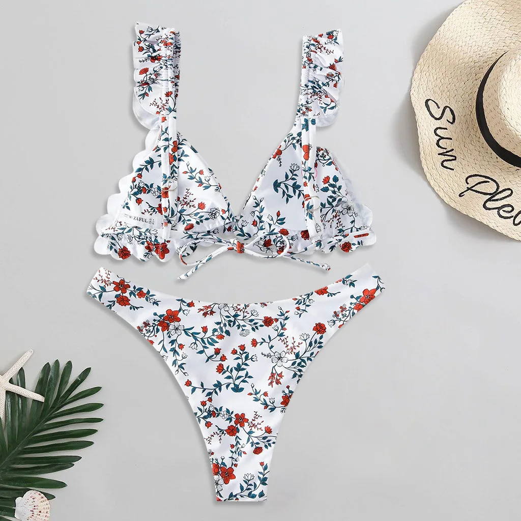 Floral Ruffle High Leg Bikini Swimwear Women Cute Swimsuit Set Sexy Split Beachwear 2021 bikini sets for women