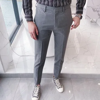 

New Male Retro Fashion Ankle-length Pant Trousers Men Business Casual Slim Fit Stripe Suit Pant
