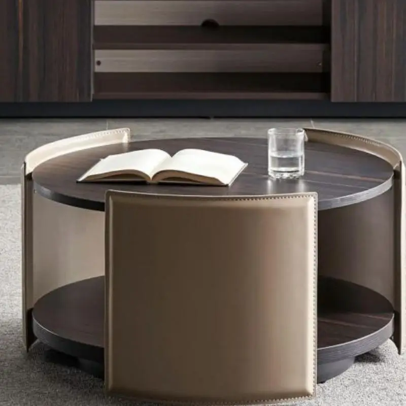 

Italian modern coffee table TV cabinet combination simple living room size coffee table light luxury leather round tea table