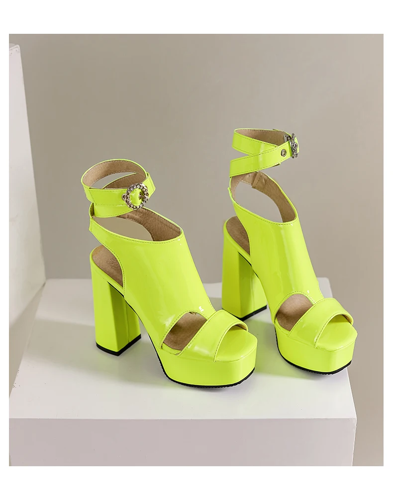 Oversized Round Rhinestone Metal Buckle Ankle Strap Women's Sandals Ultra High Thick Heel Waterproof Platform Peep Toe Shoes