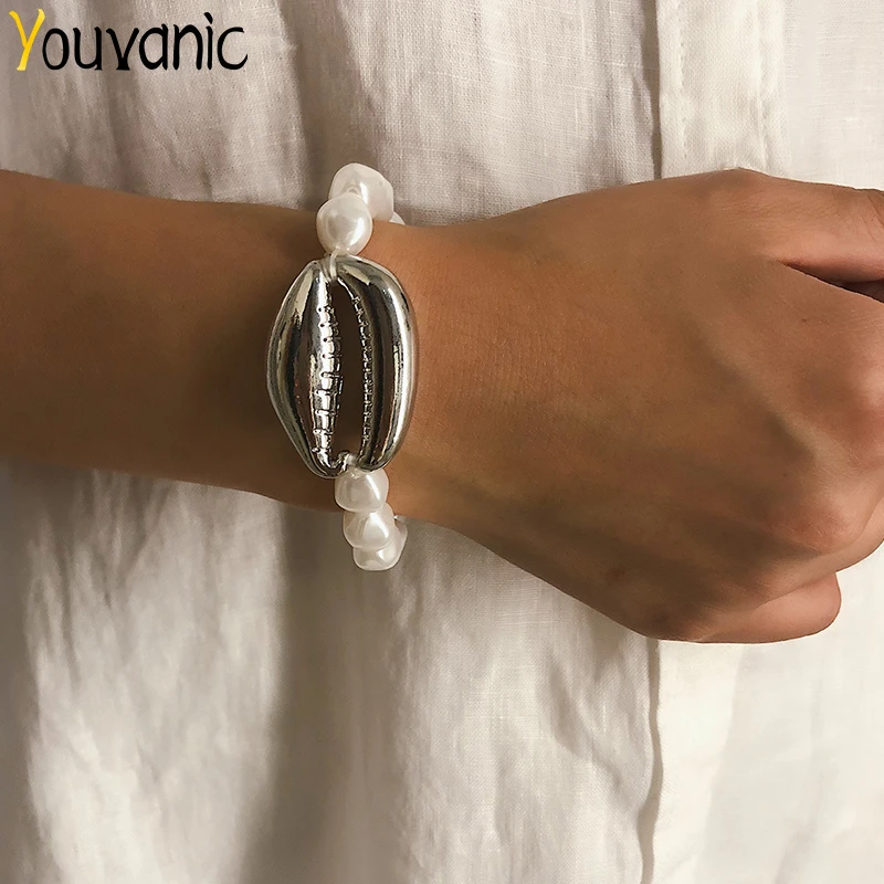 

Youvanic Punk Large Gold Aloy Conch Seashell Shell Bracelet Simulated Pearl Bracelet For Women Holiday Beach Boho Jewelry 0431
