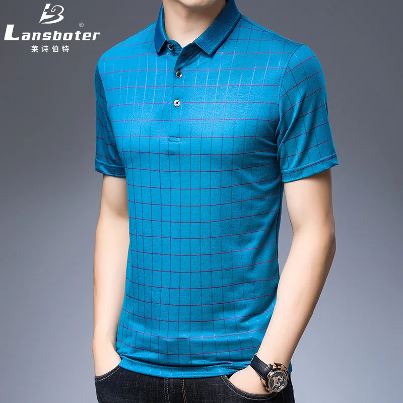 

Mulberry Silk MEN'S Short-sleeved T-shirt 2019 Summer Middle-aged Plaid Short-sleeved Top Viscose Fold-down Collar Half Sleeve P