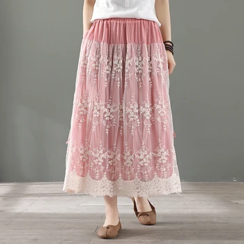 

Women Cotton Linen Skirt Mesh Long Midi Big Loose Retro Vintage Luxury Fashion Casual for Spring Summer AZ24141639