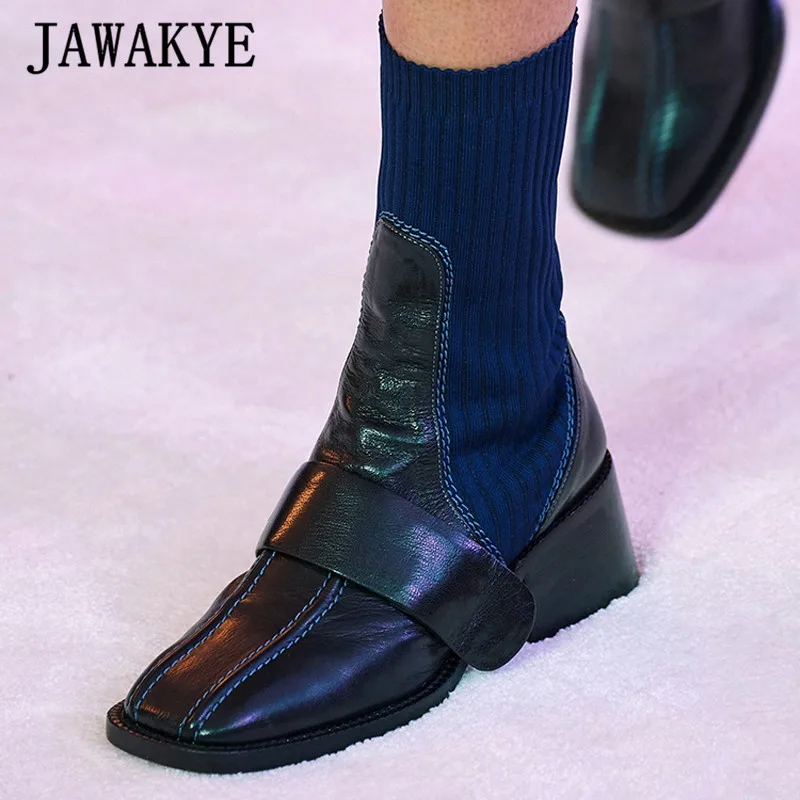 JAWAKYE British style Leather Sock Ankle Boots Women square toe Chunky Kitten High heels Knitted Runway Shoes botas cowboy mujer