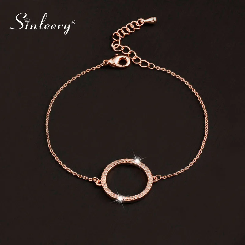SINLEERY Fashion Paved Tiny Crystal Circle Round Bracelets For Women Rose Gold Silver Color Link Chain Bracelet SL082 SSK