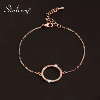 SINLEERY Fashion Paved Tiny Crystal Circle Round Bracelets For Women Rose Gold Silver Color Link Chain Bracelet SL082 SSK