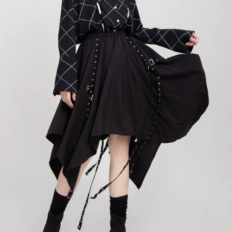 MEVGOHOT Irregularity Ruffles Black Pleated Woman Punk Skirt Autumn High Waist Draped All Match Street Webbing Skirt HD3047