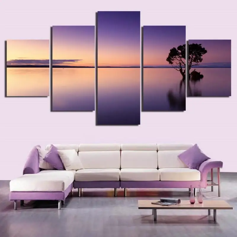 

5pcs Pink Sunset Sky With Tree Reflection Silhouette Photography Art Decorative Painting Canvas Printing Waterproof Ink Poster