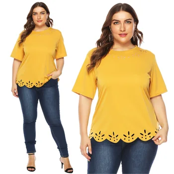 

Fashion Hollow Flower Hem Womens T Shirt 2020 New Summer Short Sleeve Solid Tops Plus Size Ladies Casual Tees Harajuku