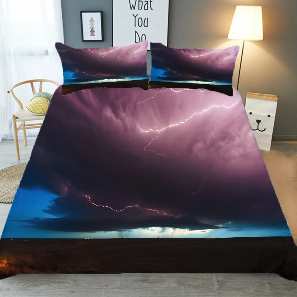 

3d Bed Cover Set Cotton Comforter Bedding Thunder Printed Dark Color Home Textile Duver Cover With Pillowcase