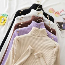 

2021 Women Button Turtleneck Sweater Basic Solid Knit Jumper Korean Sweater Slim Pull Femme Top Elasticity Winter Pullovers
