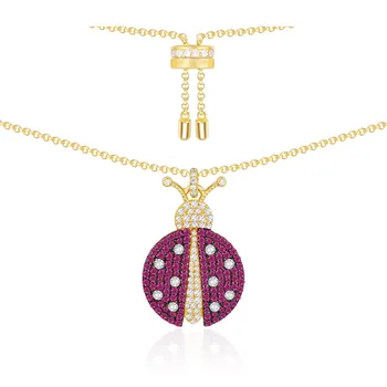 

925 Sterling Silver Yellow Gold Color Ladybug necklace Pink Red Zircon CZ insect pendant Women ARC EN CIEL Fashion Jewelry