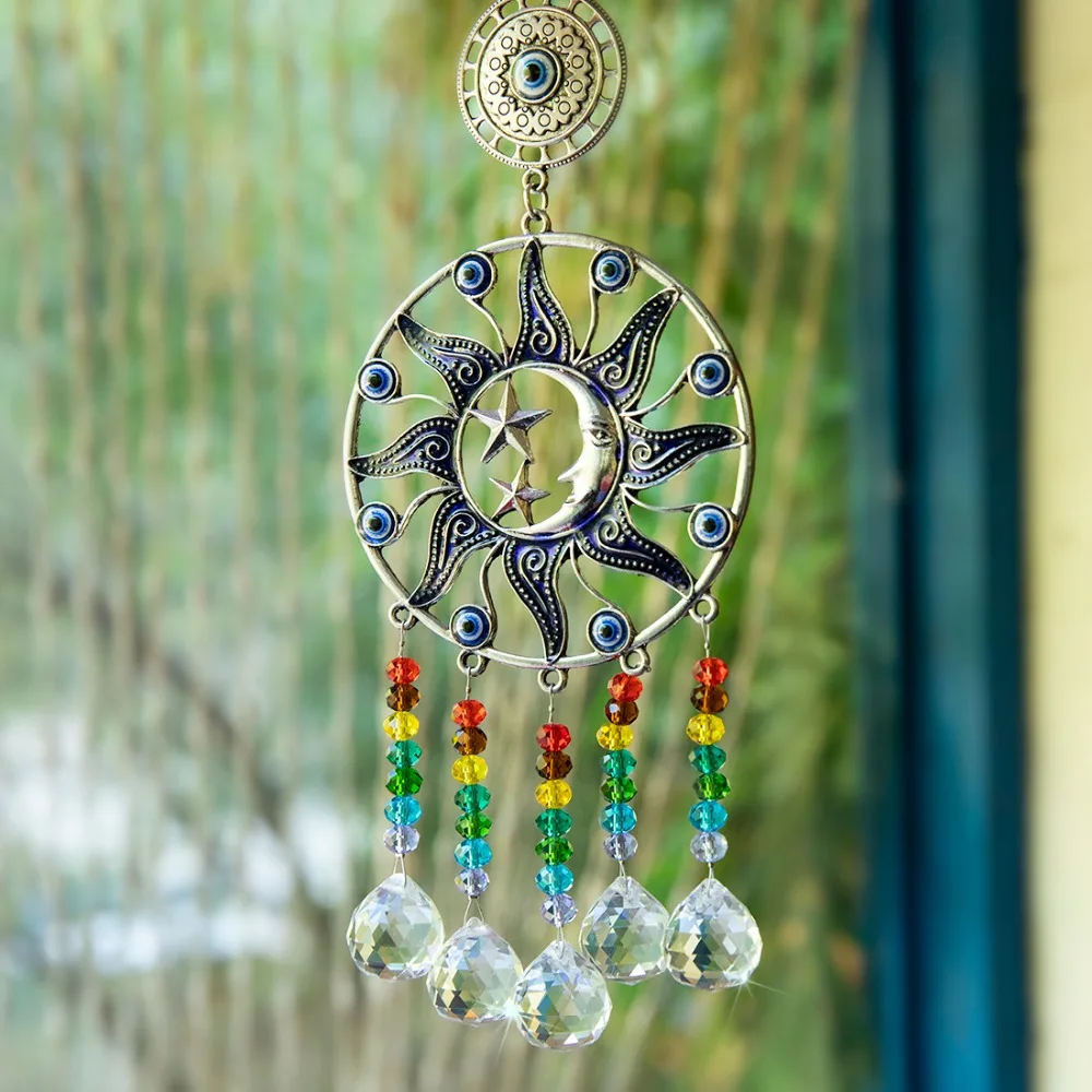 H& D чакра Хрустальная сосулька Призма Suncatcher турецкий синий сглаза Радуга настенный подвесной кулон для домашнего декора(Луна и звезда