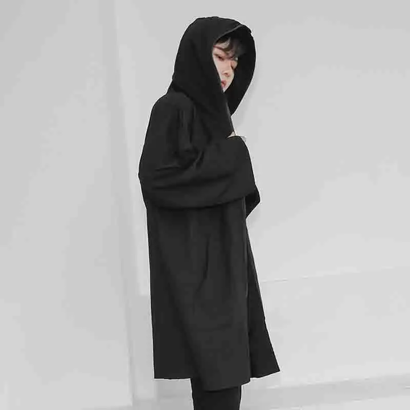 Men's cardigan autumn winter loose in the long hooded coat men's leisure windbreaker youth black large size tide England