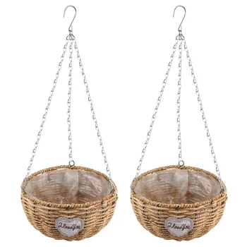 

2pcs Hanging Flower Pots Straw Woven Basket Rustic Succulent Plants Pots Decor for Home Office