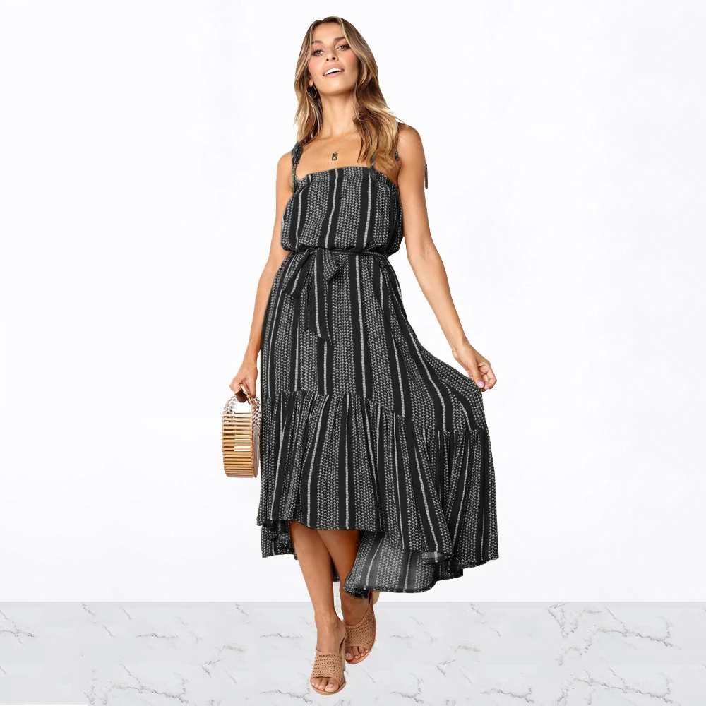 

Women Stripe Printed Slash Neck Strapless Sleeveless Dress Spaghrtti Strap Irregular Ruffles Hem Ankle-Length Dress With Sashes