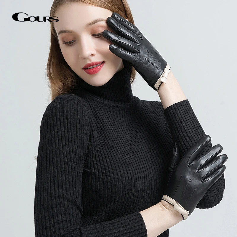 

GOURS Genuine Leather Gloves Women Fashion Brand Black Real Goatskin Finger Gloves wool lining Warm Winter Bow-knot New GSL049
