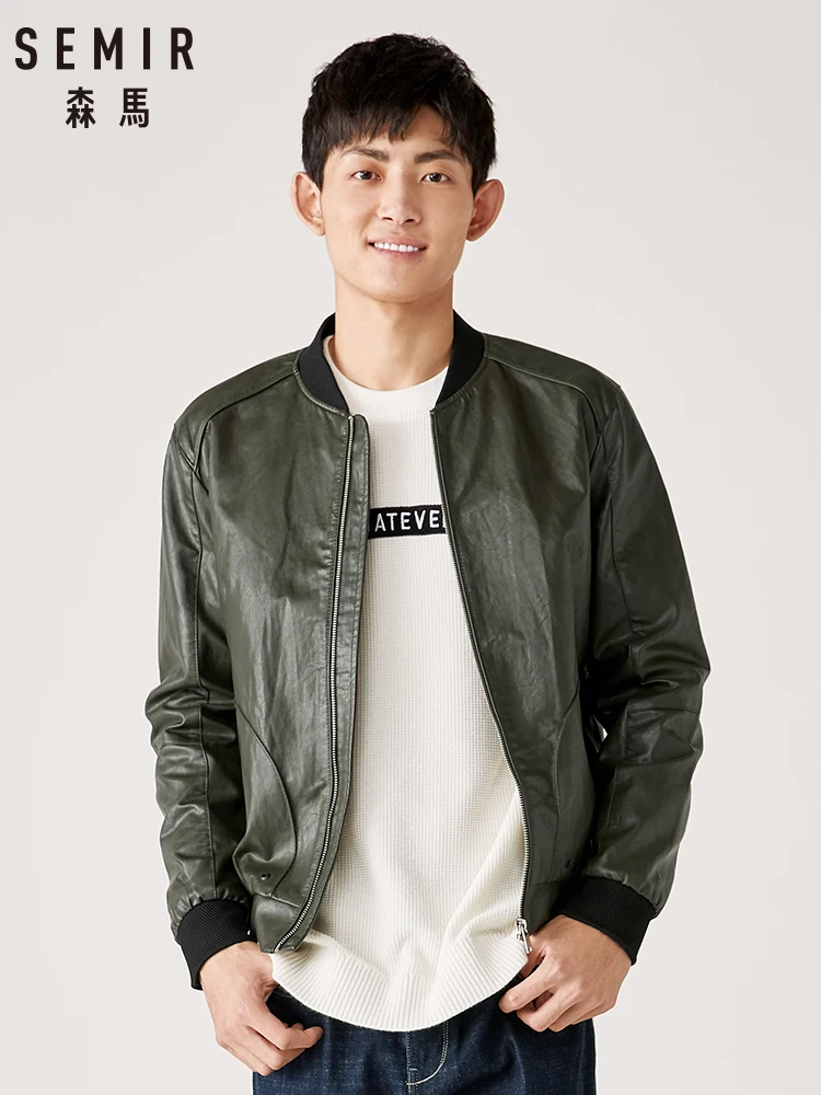 Semir PU leather motorcycle jacket men baseball collar quilted casual black jacket Korean handsome warmth Semir PU leather motorcycle jacket men baseball collar quilted casual black jacket Korean handsome warmth