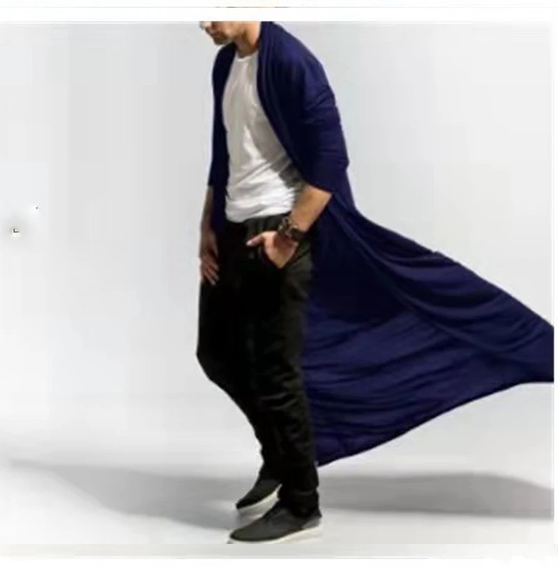Spring Autumn Thin Cotton Linen Sexy Men's Cardigan Cloak Mature Loose Long Windbreaker Casual Fashion Solid Poncho Men Tops