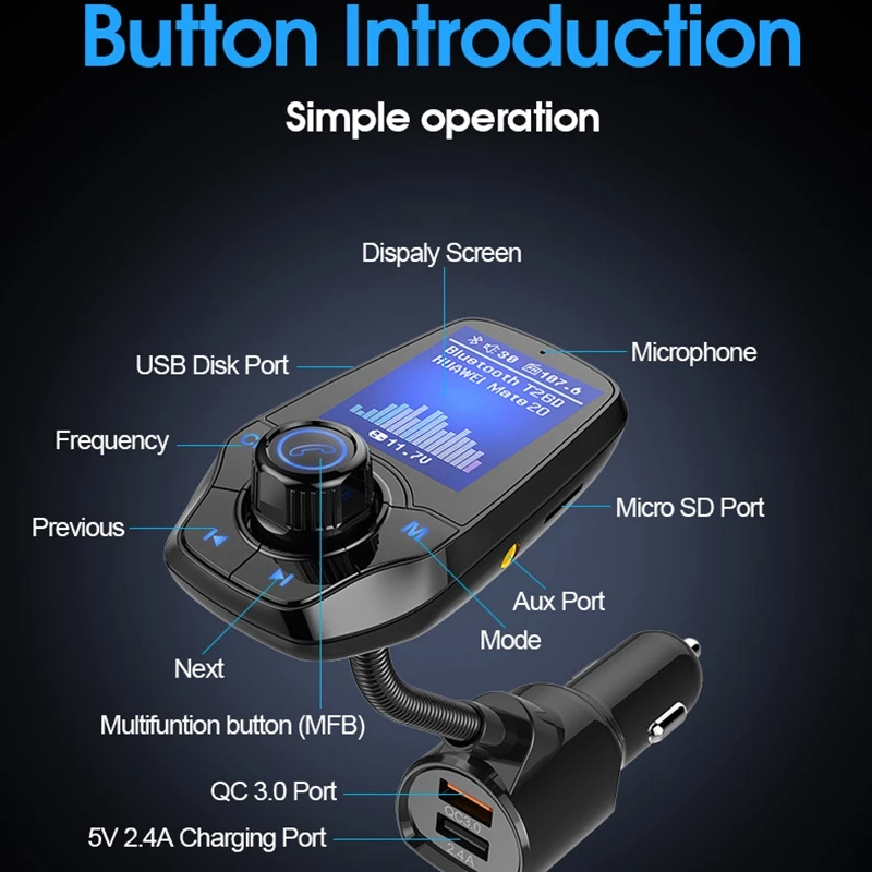 T26D 1.8 Inch Tft Color Display Qc3.0 Fast Charging Bluetooth Hands-Free Car Mp3 Music Player Kit