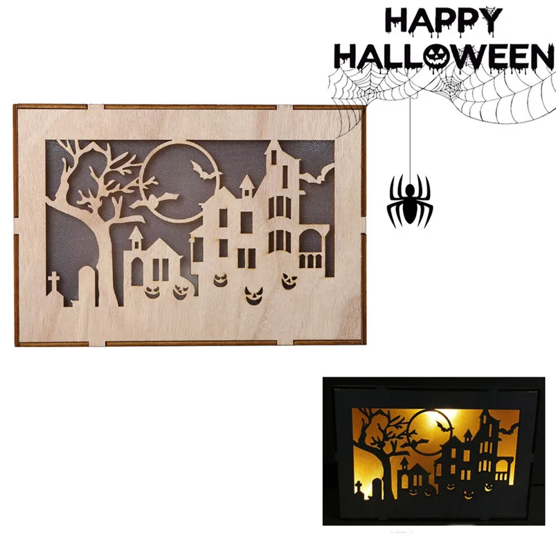 Wooden Hanging Home Decor Pumpkin Haunted House Pendant LED Night Light Halloween Home Decor Adornos Para Casa 30AUG0211