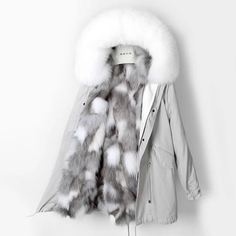 Grey 86CM length Разноцветная куртка с подкладкой из натурального Лисьего меха, Женская парка с капюшоном из лисьего меха, женская зимняя теплая верхняя одежда VF9116 - Цвет: Grey 86CM length