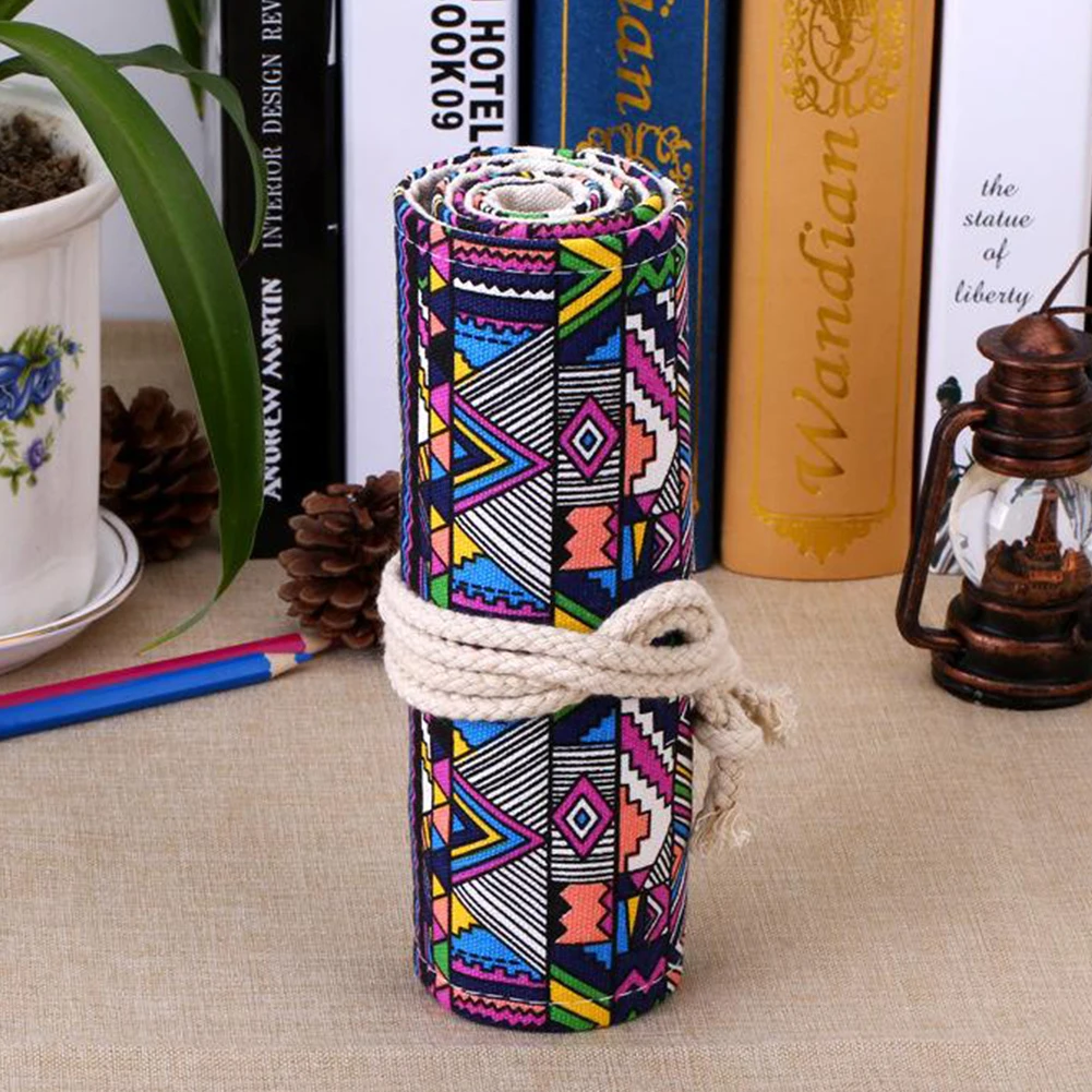 

36/48/72 Holes Cosmetic Bag Ethnic Style Canvas Roll Pencil Case School Roll Stationery Pouch Makeup Brush Case #326