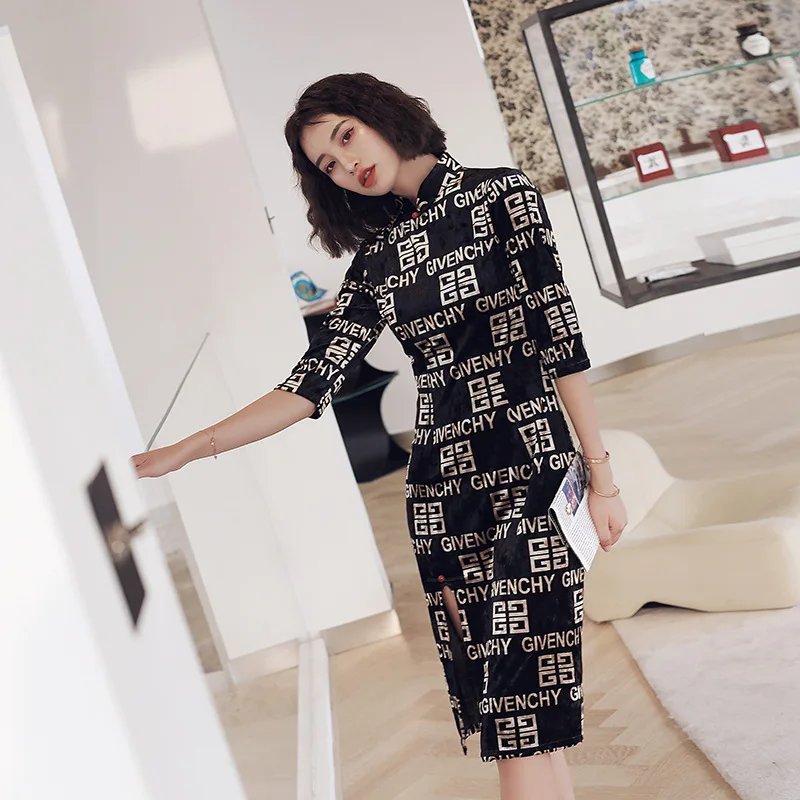 До колена Cheongsam винтажное бархатное женское элегантное вечернее платье улучшенное Qipao Vestidos Размер S-2XL