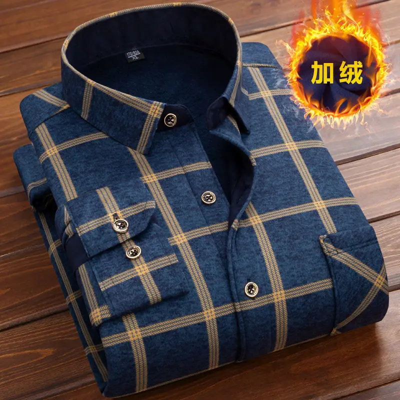 New Autumn Winter Men Fleece Shirt Fashion Plaid Thick Keep Warm Shirt Male Print Long Sleeve Business Big size L-6XL