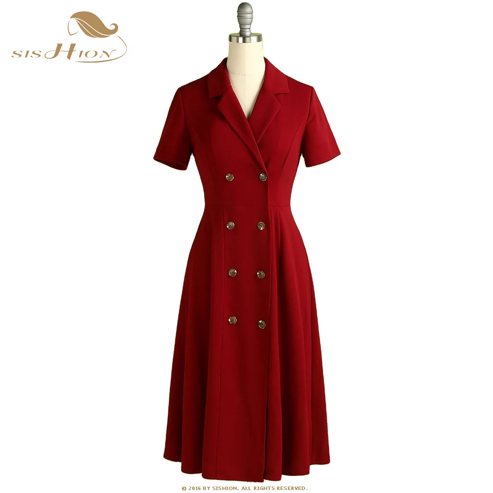Sishion Office Ladies Wine Red Dress Vd1638 Double Breasted Suit Collar