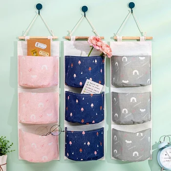 

Creation Flax Line Hang Organizer Bag Plaid Pattern 3 Grid Wall Various Makeup Rack Jewelry Storage Box Basket Home Decoration