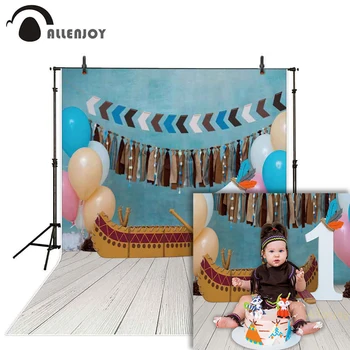 

Allenjoy Smash Cake 1st Birthday Balloon Wood Floor Indian Decor Canoe Baby Party Backdrop Child Photography Background Studio