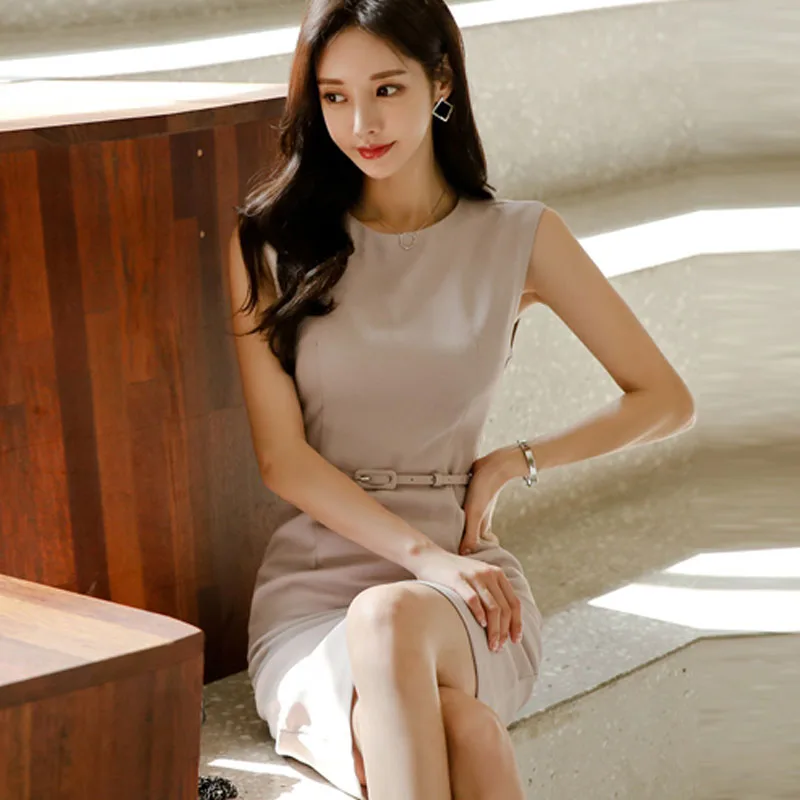 Chic Office Lady Sleeveless Dress 2020 Summer Elegant Women Dress With Belt High Wast Bodycon Dress Korean Women Dress Vestidos