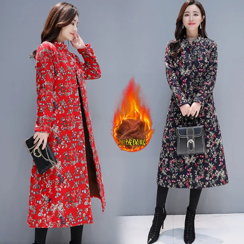 

3913 Winter 2019 New Style Ethnic-Style Cotton-padded Clothes Women's Mid-length Brushed And Thick Chinese-style Frog Retro Coat