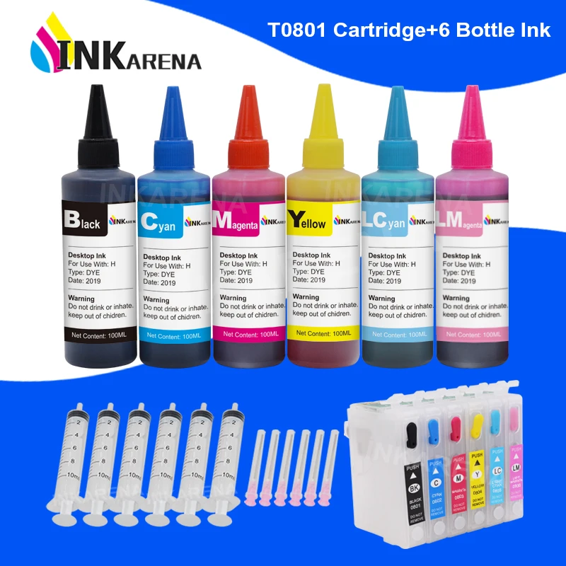 

INKARENA 6 Color T0801 Printer Ink Cartridges + 600ml Ink Refill Kits For Epson Stylus Photo P50 T59 R265 270 285 290 360