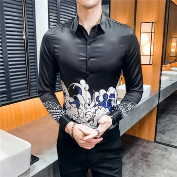 

Camisa Masculina Black White Shirt Men Print Casual Slim Fit Dress Shirt Spring Man Streetwear Club Party Clothes Chemise Homme