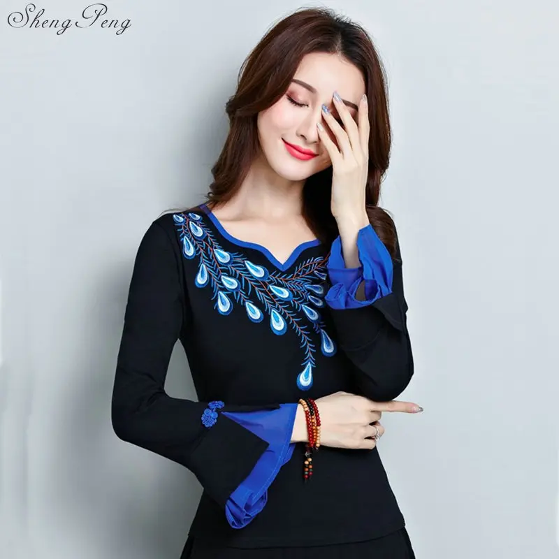 Одежда в китайском стиле женская черная вышивка фольклор винтажная рубашка женская блузка ethinc. весенние женские китайские Топы V1697