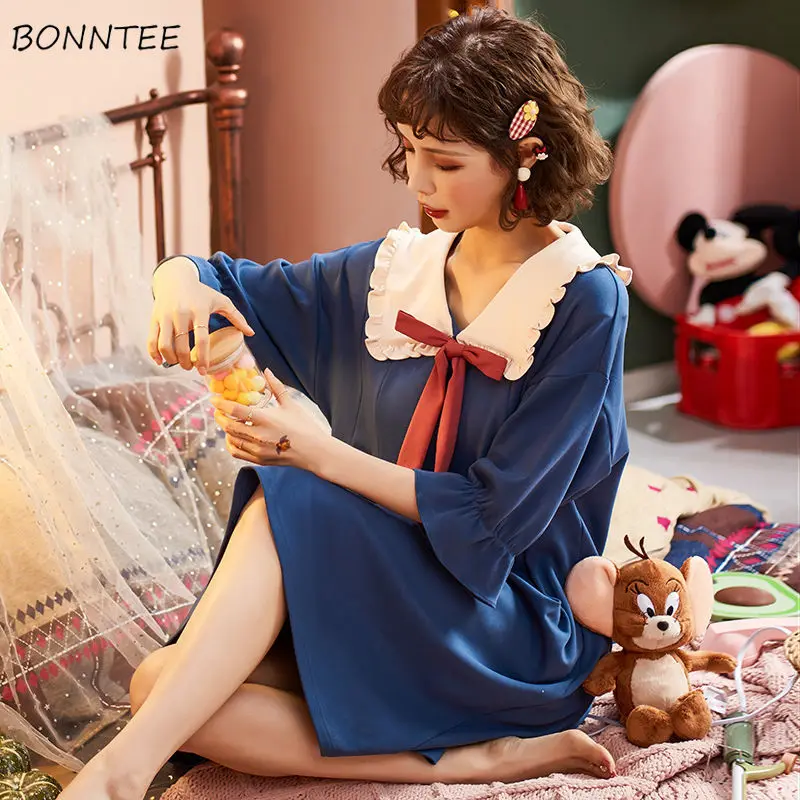 

Nightgowns Women Summer Soft Lovely Print Bow Design Ulzzang Preppy Girls Nightdress Half Sleeve Fashion Sweet Femme Sleepshirts