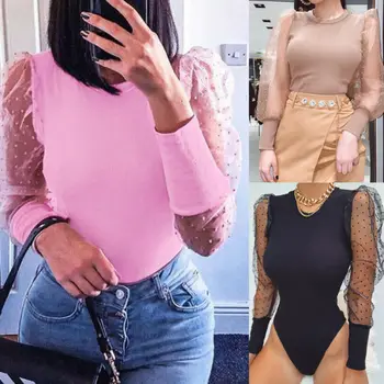 

2020 New Fashion Women Polka Dot Sheer Bodysuit Sexy Ladies Puff Sleeve Blouse Tops Long Sleeve Jumper Female Chiffon Shirt