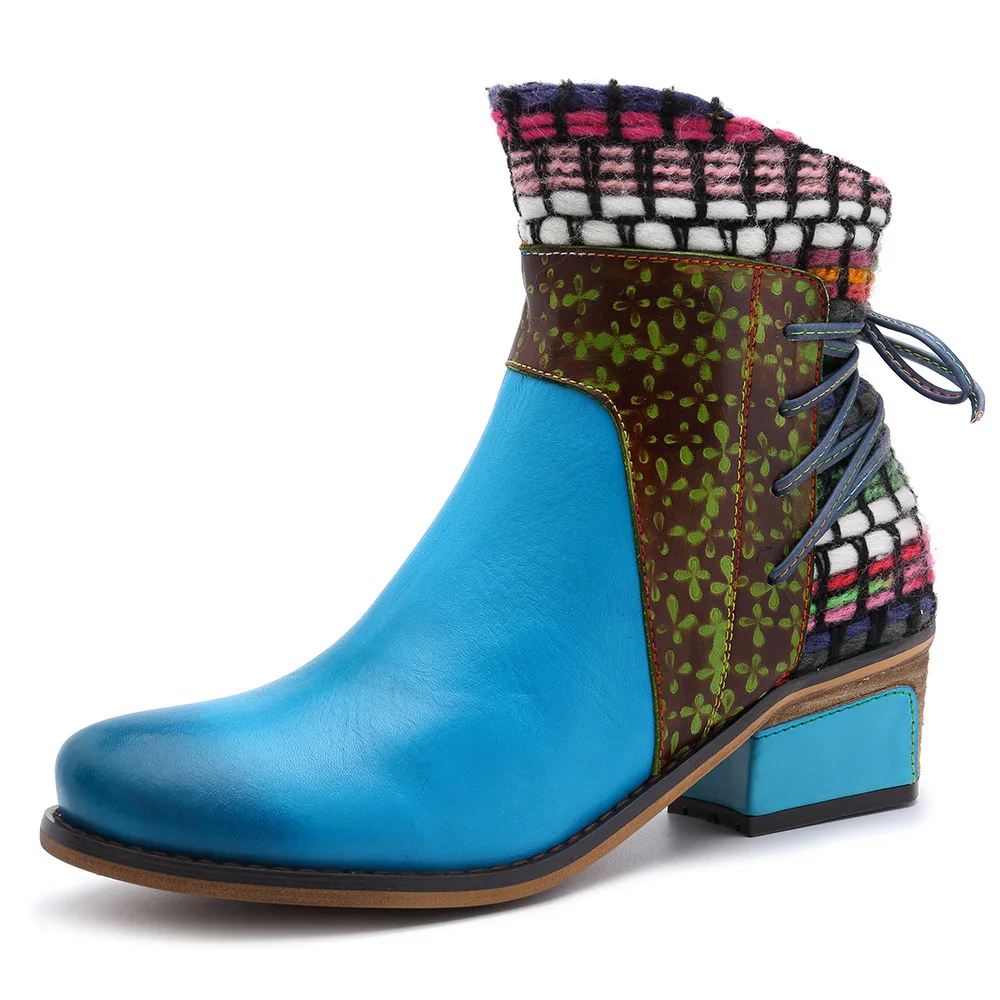 

Macvise 2019 New Bohemian Leather Boots Hot Sale Fashion Handmade Retro Motorcycle Ankle Boots Patchwork Zipper Sneakers