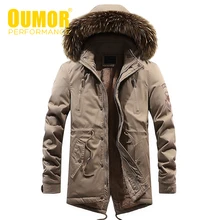 Oumor Мужская зимняя новая длинная Повседневная куртка с меховым воротником и капюшоном мужские парки для улицы модные теплые толстые флисовые куртки с карманами мужские парки