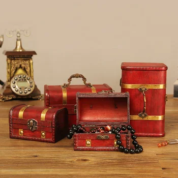 

Zakka Vintage jewelry box decorative suitcase small retro wooden box casket lock Desktop storage box finishing organize
