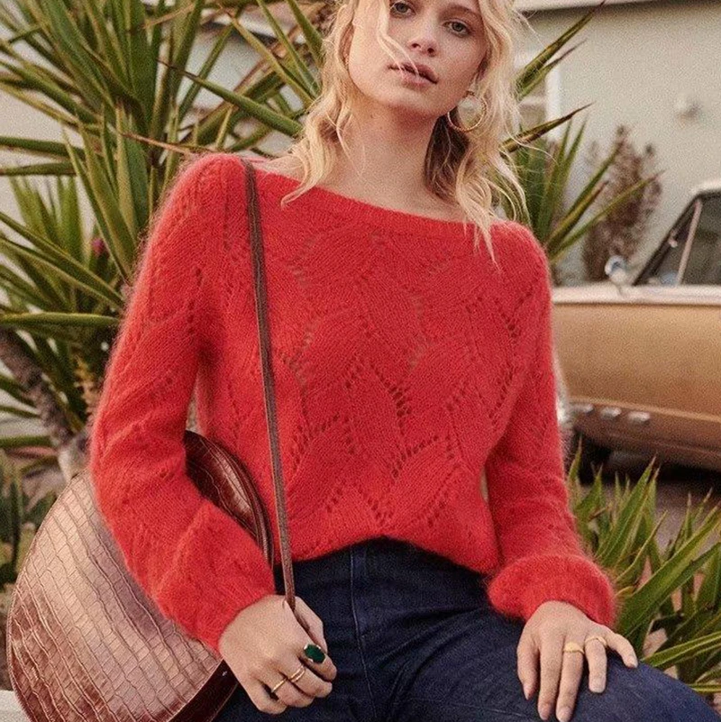 GypsyLady красный пуловер свитер мохер Повседневный шикарный осенний свитер длинный рукав Выдалбливают Джемпер с круглым вырезом пуловер женский топ