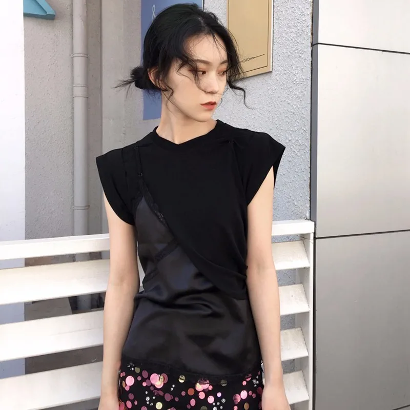 TWOTWINSTYLE Асимметричные Лоскутные популярные цветные женские футболки с круглым вырезом без рукавов Женская рубашка весна лето модная новинка