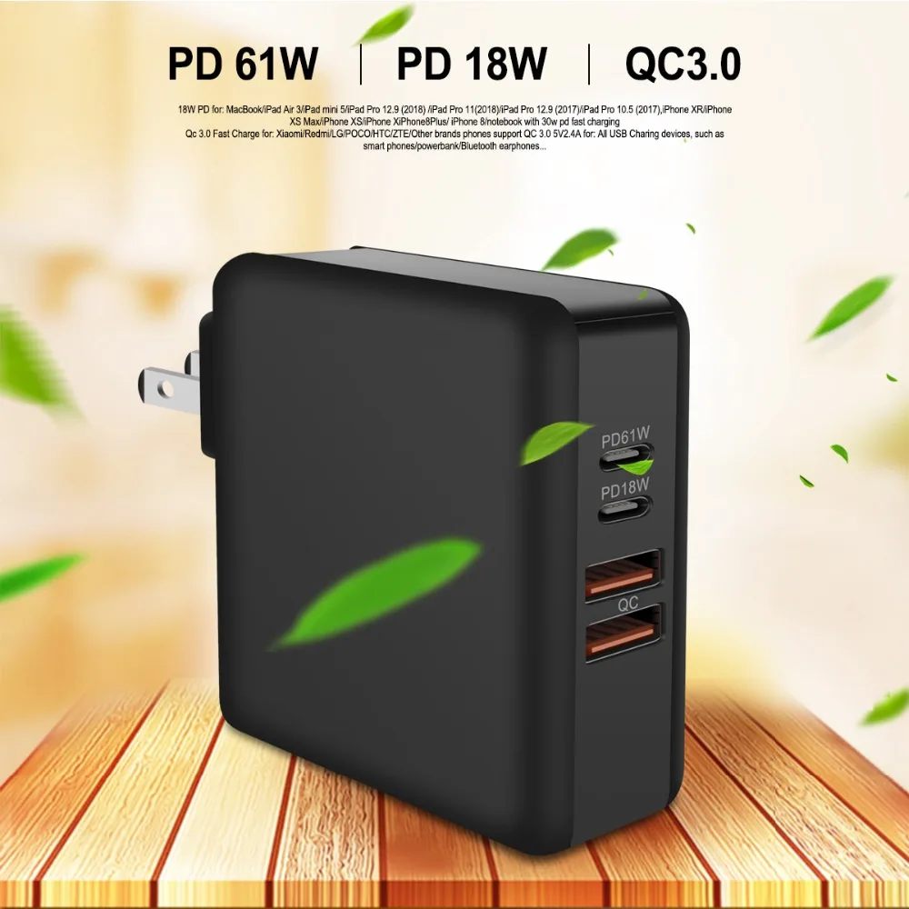 3 в 1 многопортовое USB зарядное устройство для мобильного телефона 61 Вт PD QC3.0 ноутбук быстрый адаптер питания док-станция Быстрая зарядка PD18W порт США/ЕС/Великобритания штекер