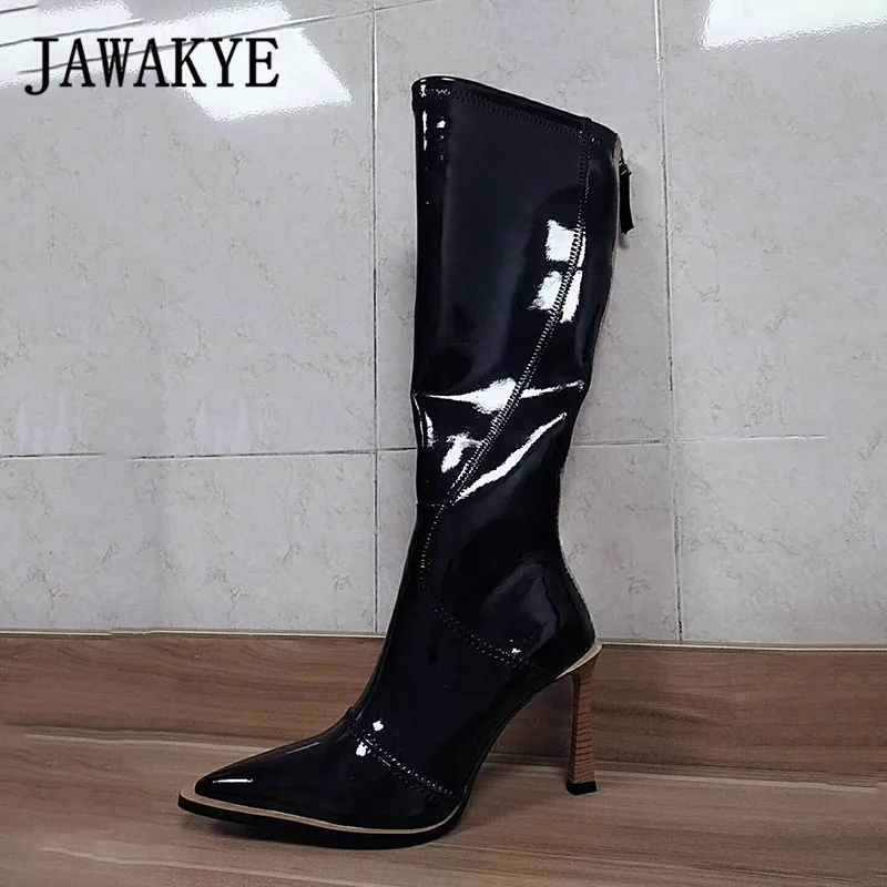 JAWAKY/белые, черные сапоги до колена; Женская пикантная обувь на высоком каблуке для вечеринок; зимние ковбойские сапоги; высокие сапоги из лакированной кожи; botas mujer