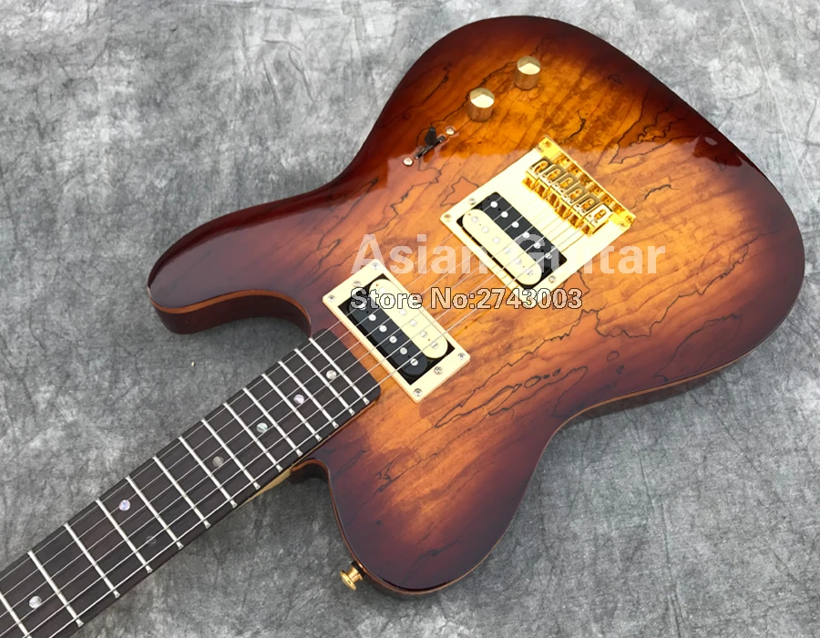 ACEPRO электрогитара с Spalted Maple top, коричневый цвет взрыва, 2 хамбакера звукосниматели, золото Гровер тюнеры, Абалон Точки инкрустация