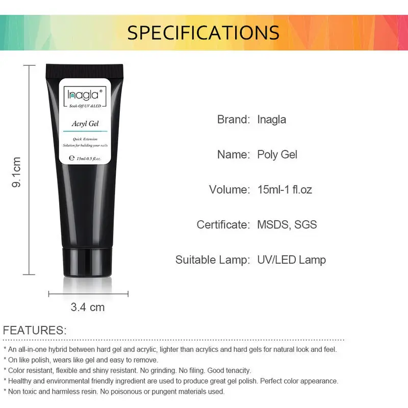 Inagla 15 мл Poly colors серия Гель-лак для ногтей Soak Off UV светодиодный лак для ногтей праймер для ногтей Гель-лак для ногтей салон маникюра