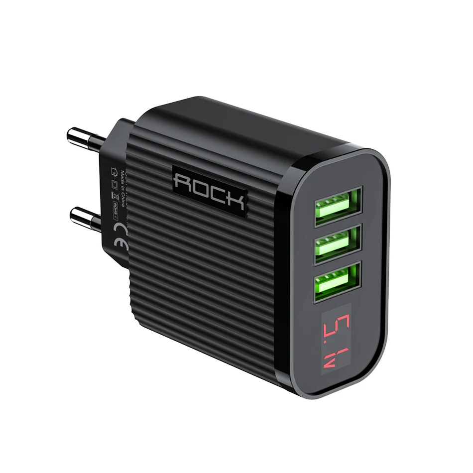 ROCK цифровой дисплей быстрое зарядное устройство для телефона 3 порта USB 3A умное быстрое зарядное устройство для путешествий настенное зарядное устройство адаптер для iPhone samsung Xiaomi - Тип штекера: Black